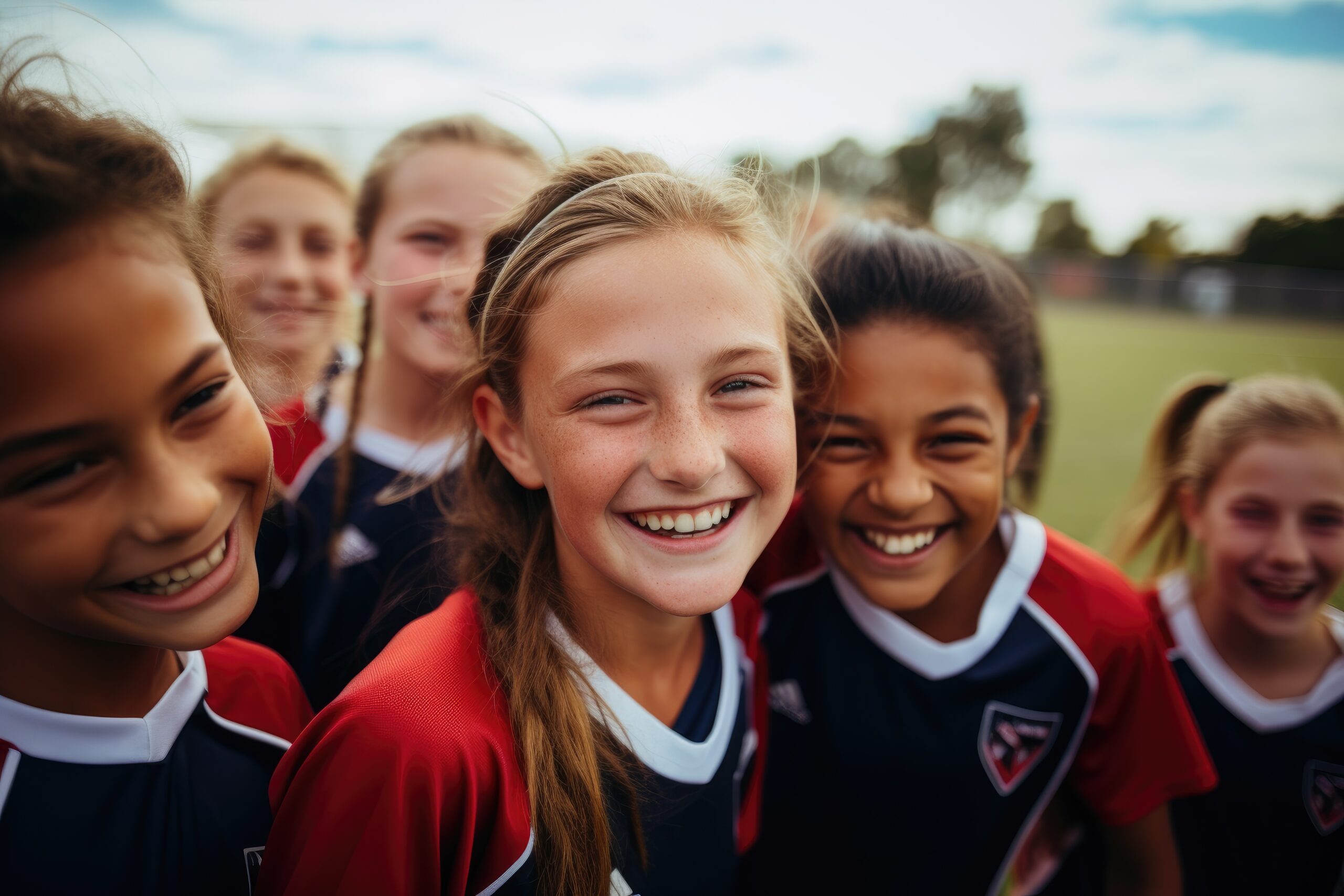 Diverse and mixed group of young female soccer players smiling and posing for a team photo on the soccer field