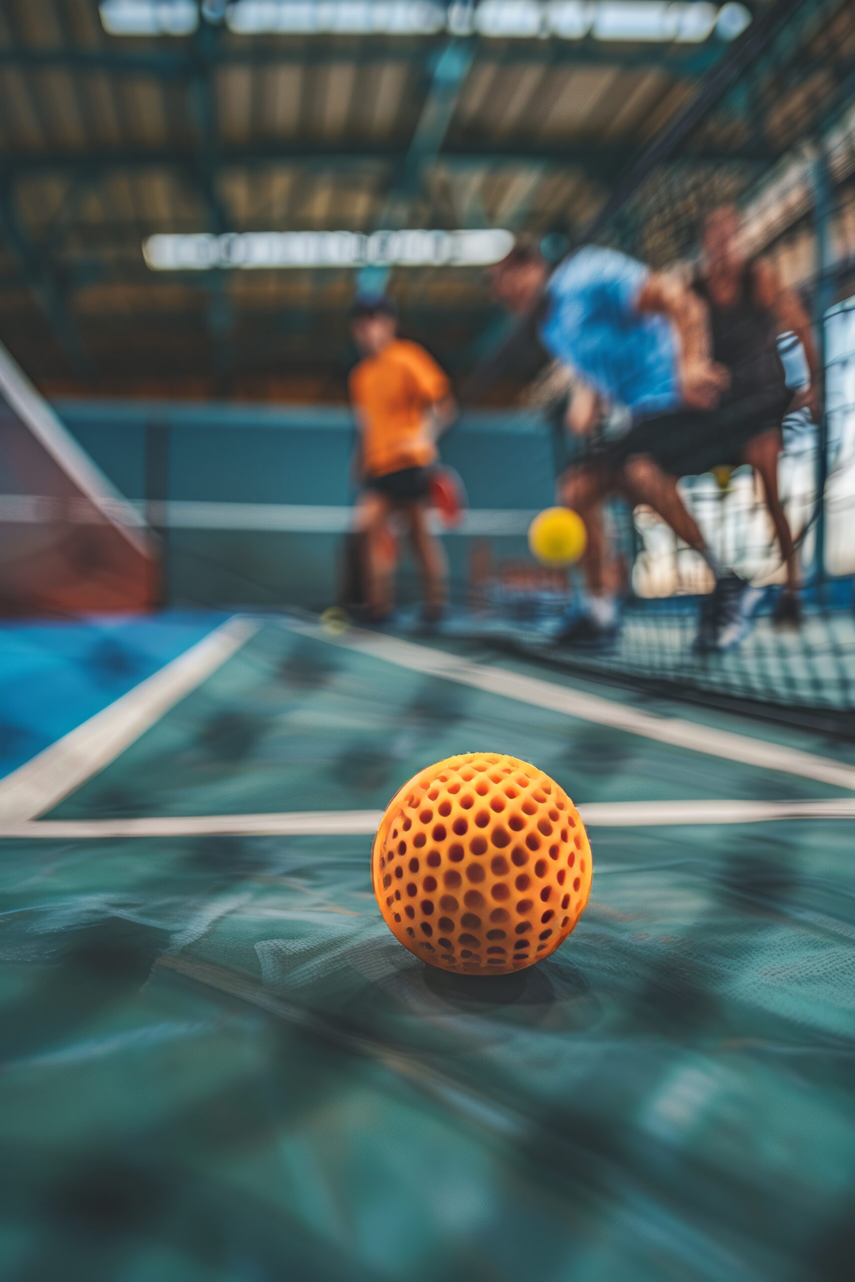 A group of people engaged in a game of tennis at a community court. The foreground features a bright green tennis ball, while the background shows the players in action